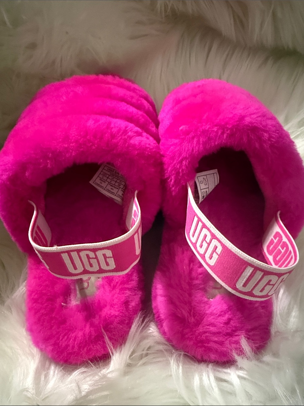 UGG Kids Hot Pink Fluff Slide with Branded Strap